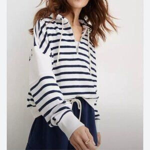 Aerie Restart Quarter Zip Hoodie Large Striped Soft Coastal Navy
